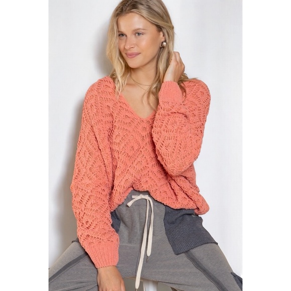 POL Light Coral Chenille Diamond Patterned Textured Knit Sweater - Picture 9 of 11